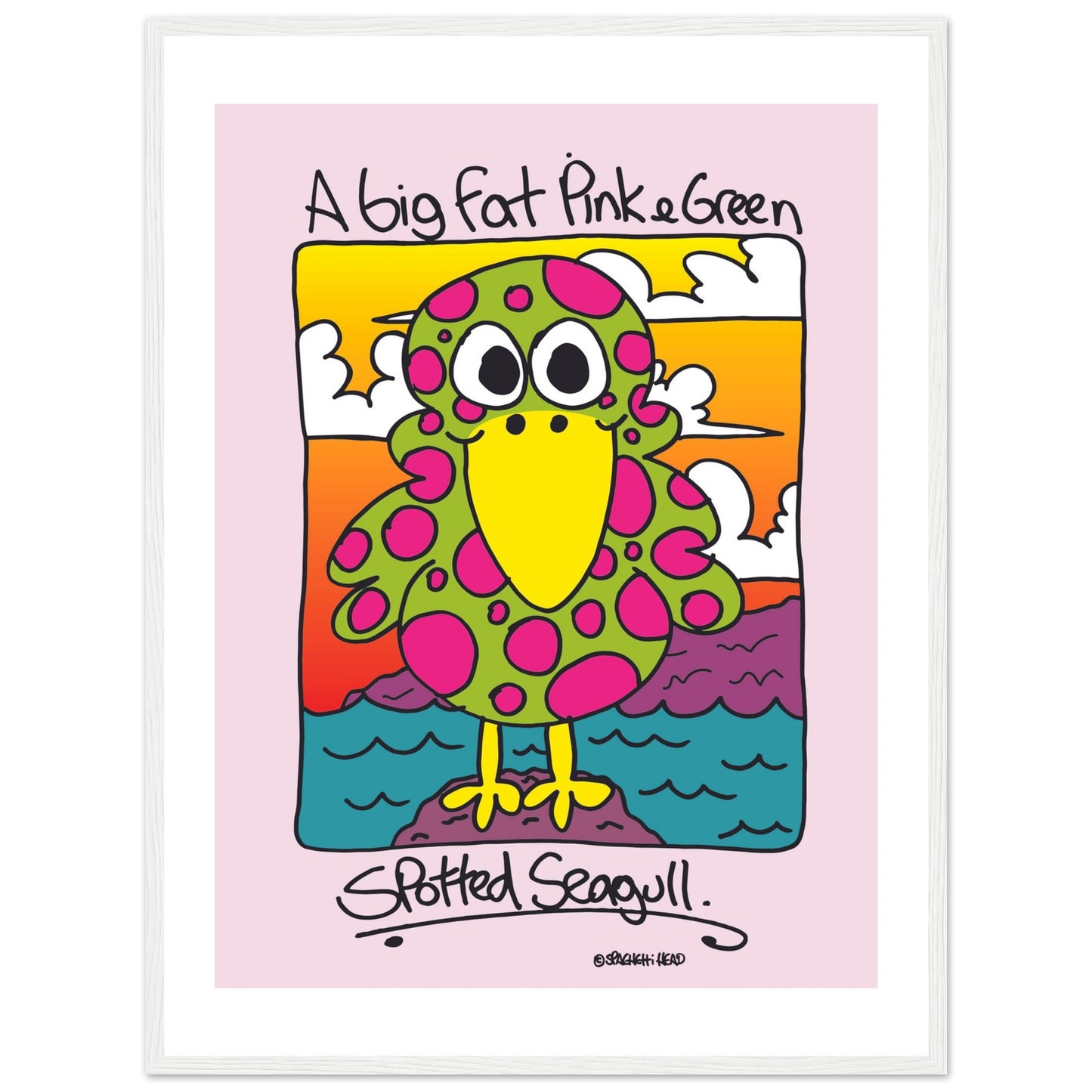 A big fat pink and greem spotted seagull - Premium Matte Paper Wooden Framed Poster