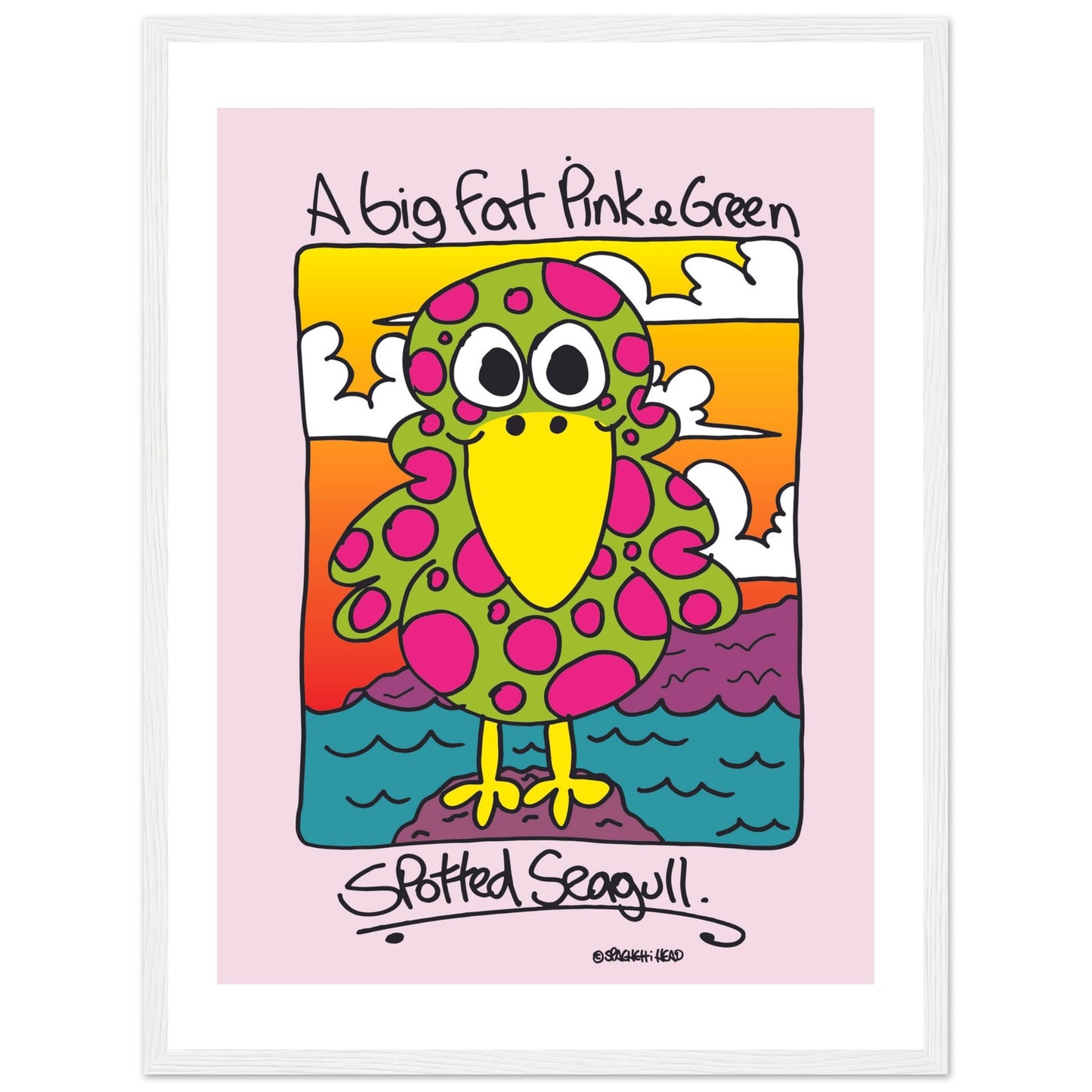 A big fat pink and greem spotted seagull - Premium Matte Paper Wooden Framed Poster