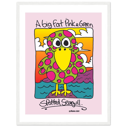 A big fat pink and greem spotted seagull - Premium Matte Paper Wooden Framed Poster