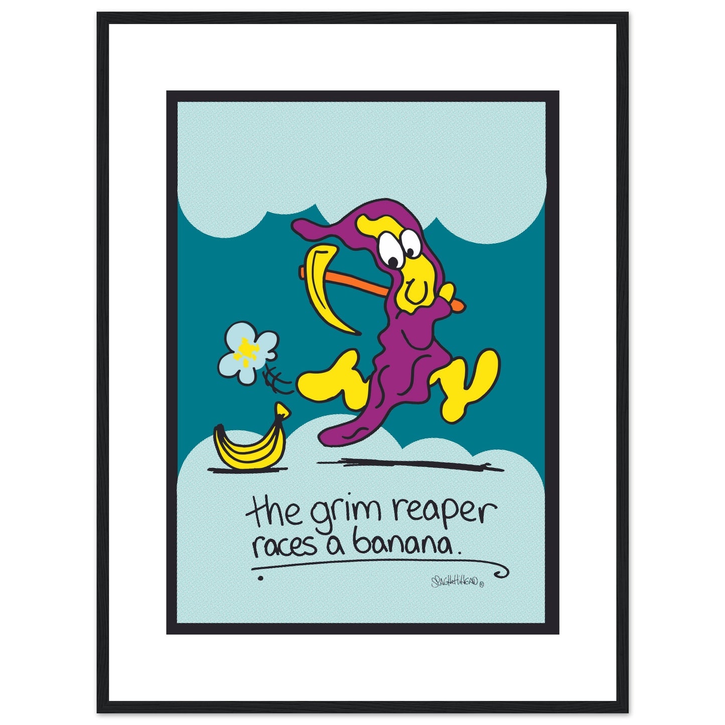 The Grim Reaper races a Banana - Premium Matte Paper Wooden Framed Poster