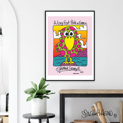 A big fat pink and greem spotted seagull - Premium Matte Paper Wooden Framed Poster