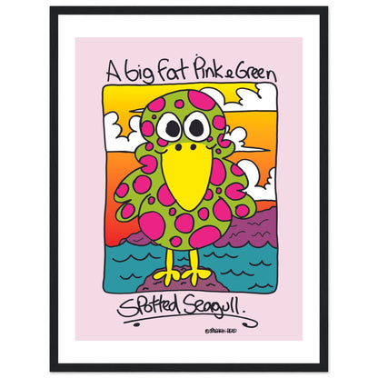 A big fat pink and greem spotted seagull - Premium Matte Paper Wooden Framed Poster