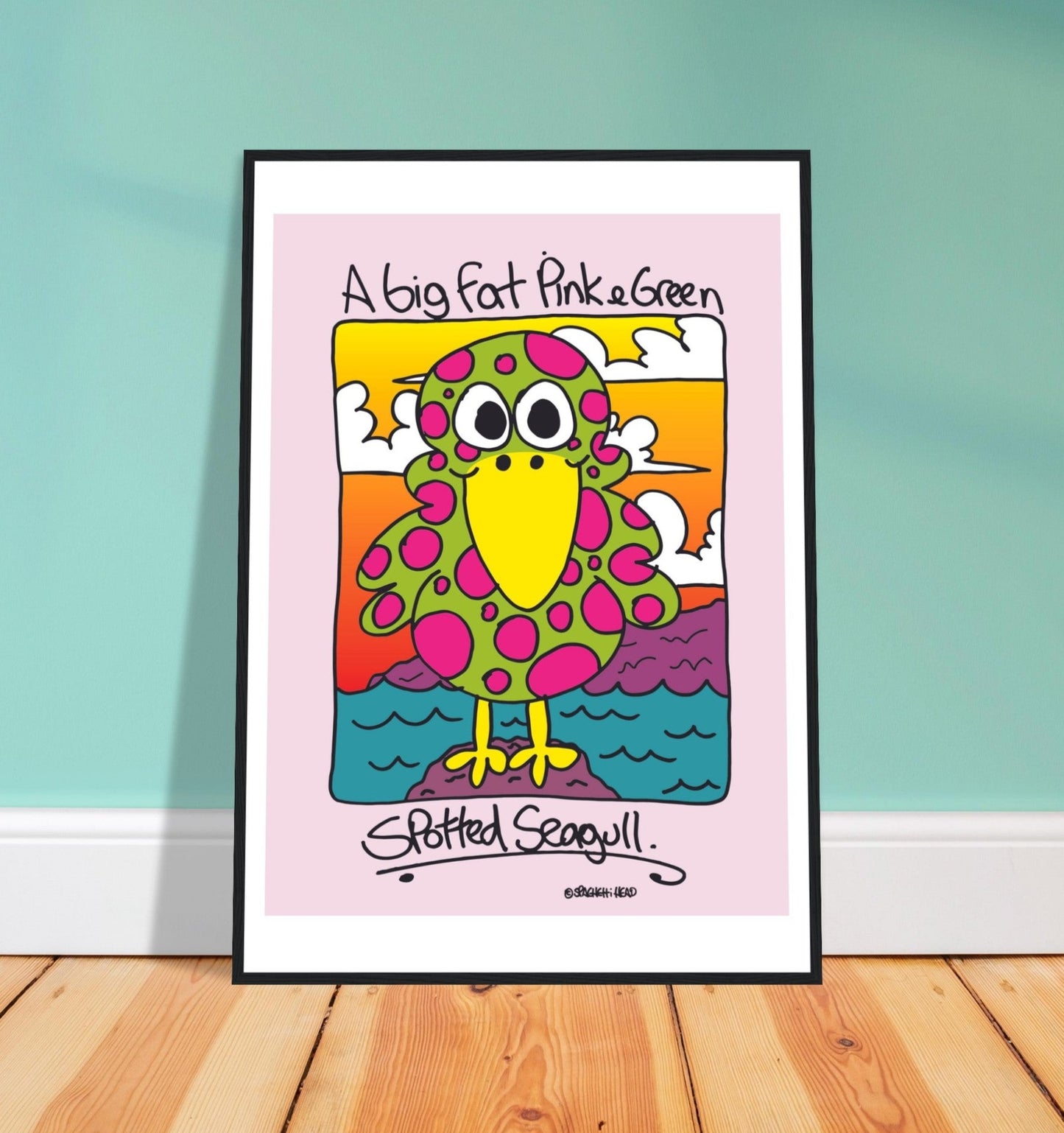 A big fat pink and greem spotted seagull - Premium Matte Paper Wooden Framed Poster