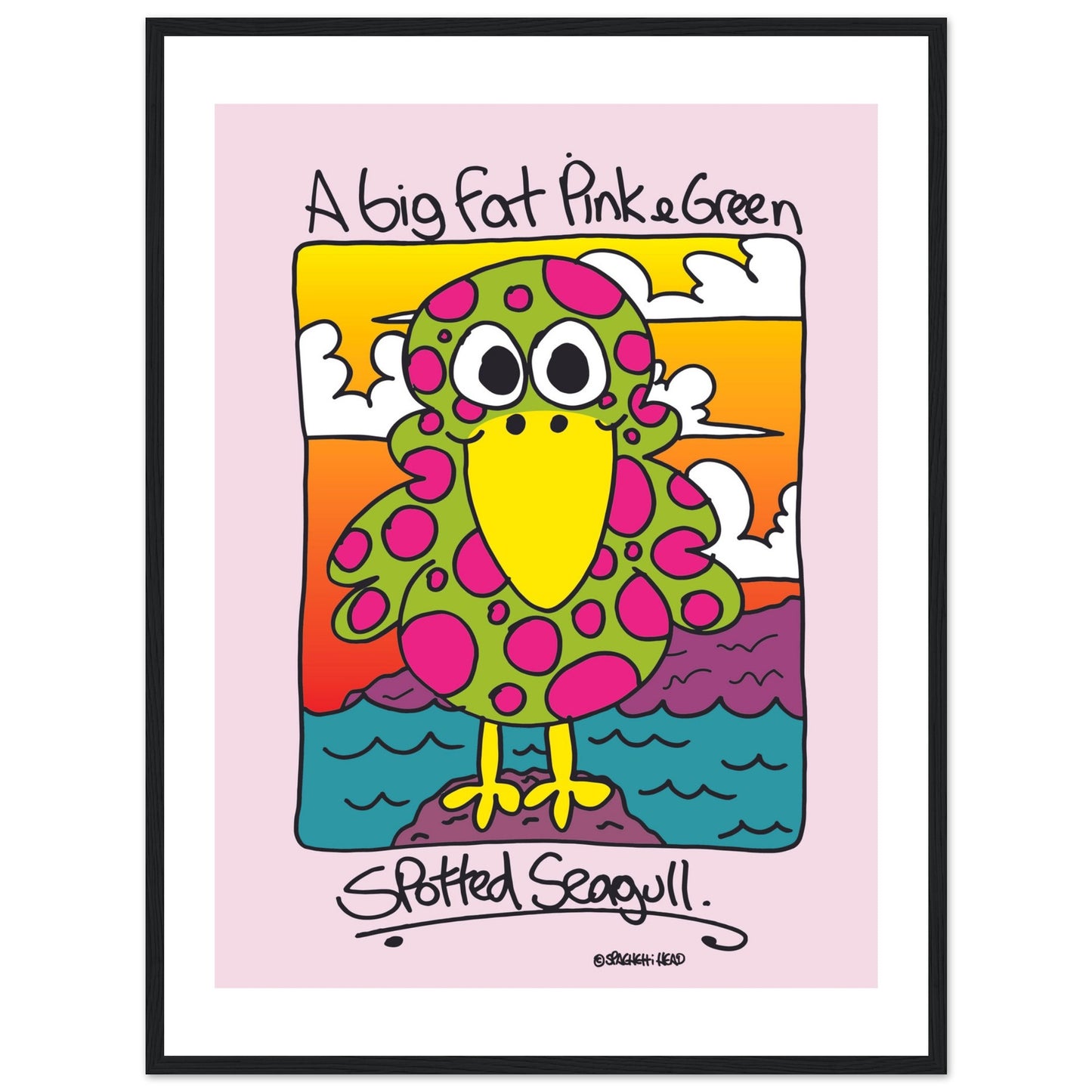 A big fat pink and greem spotted seagull - Premium Matte Paper Wooden Framed Poster