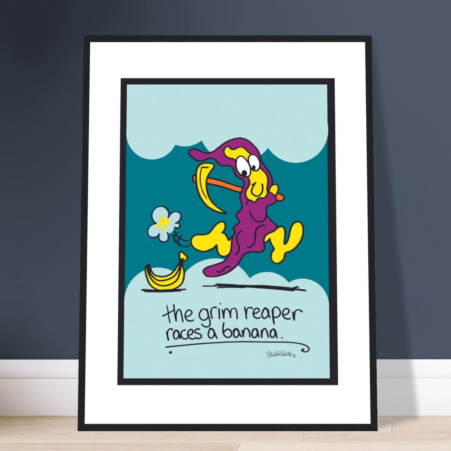 The Grim Reaper races a Banana - Premium Matte Paper Wooden Framed Poster