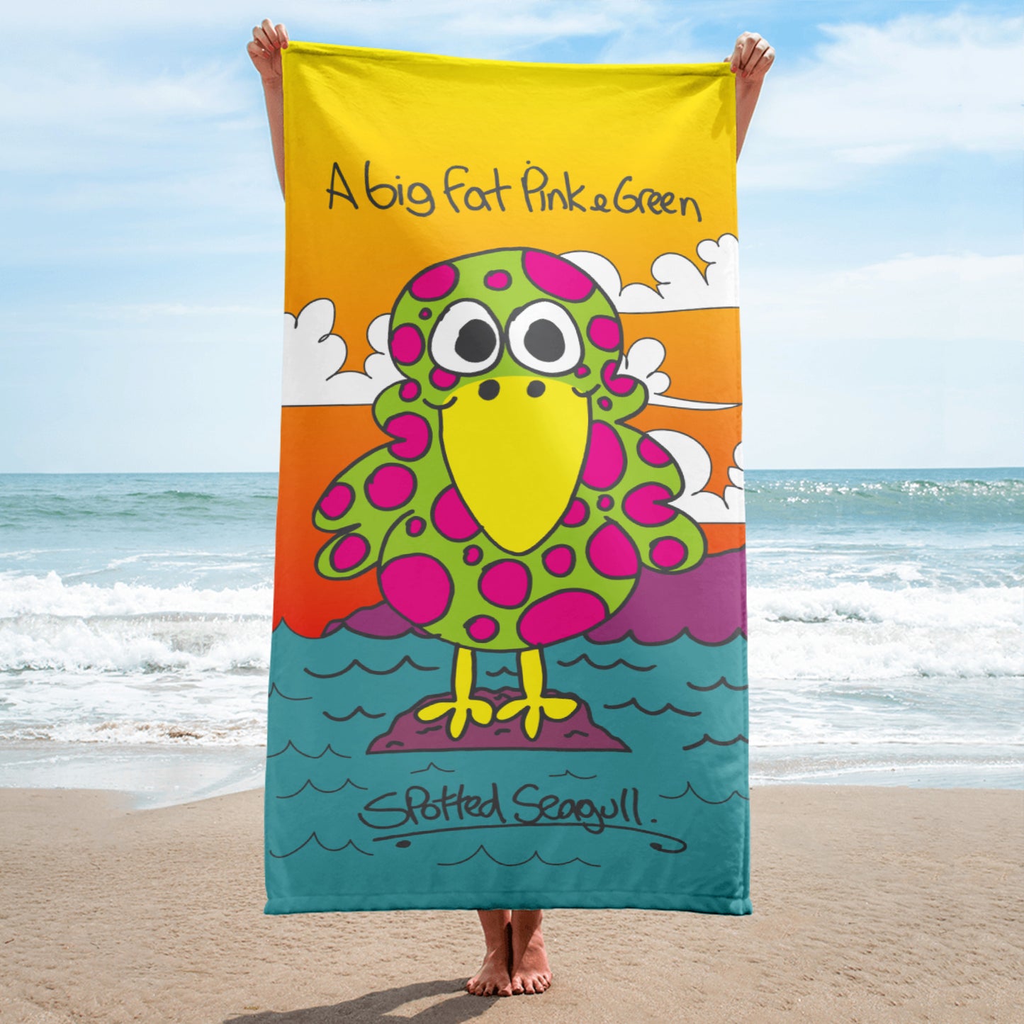 A Big Fat Pink and Green Spotted Seagull - Towel