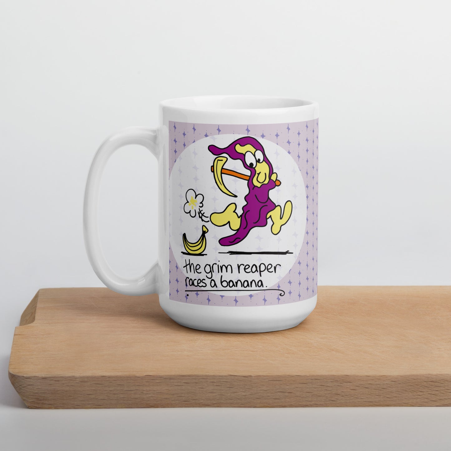 The Grim Reaper races a Banana - White glossy mug