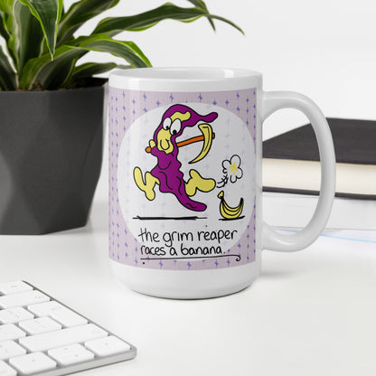 The Grim Reaper races a Banana - White glossy mug