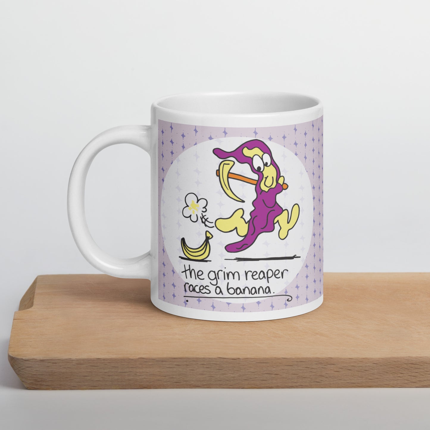 The Grim Reaper races a Banana - White glossy mug